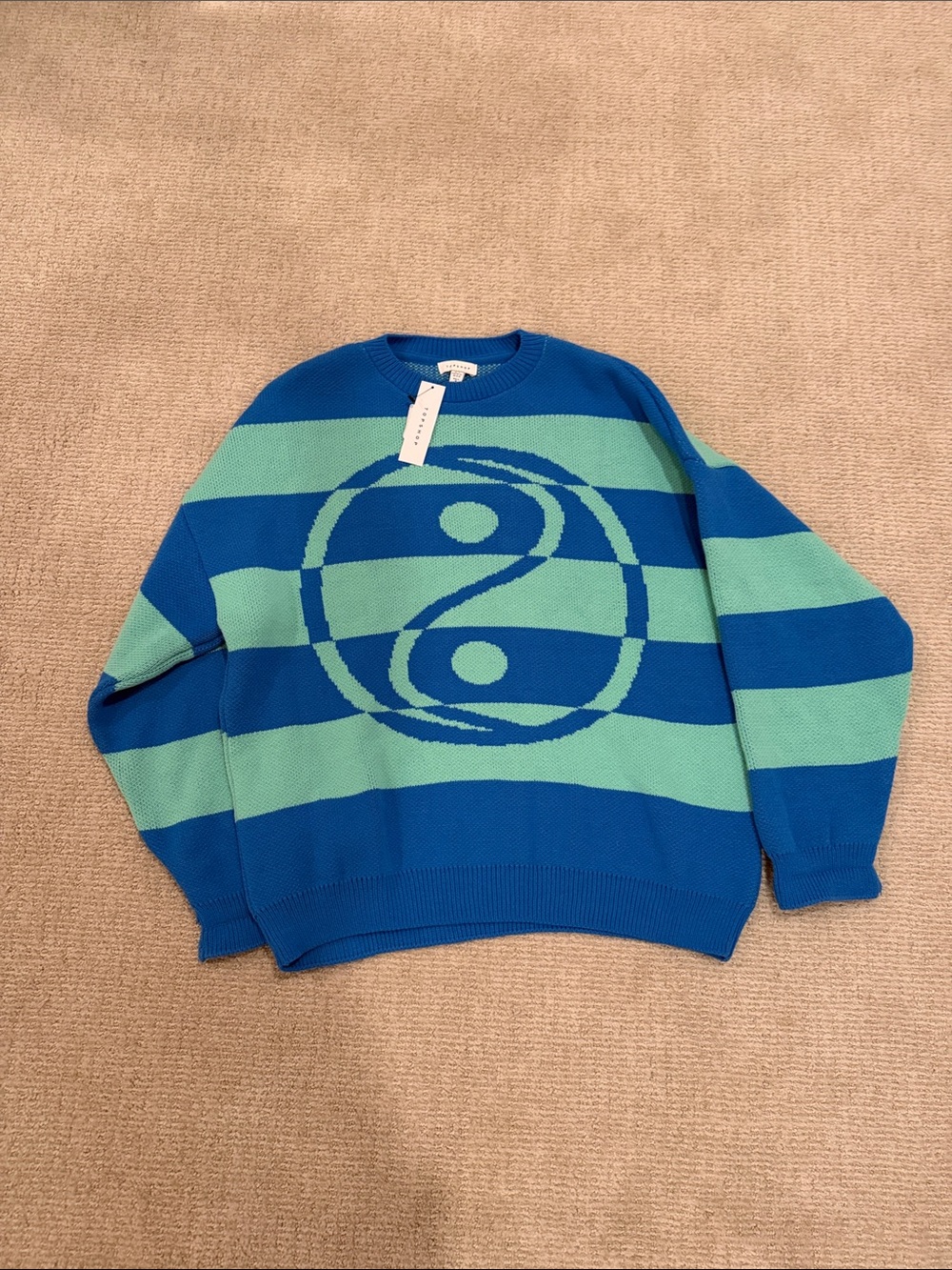 Topshop Blue and Mint Striped Crewneck Sweater with Yin-Yang Motif